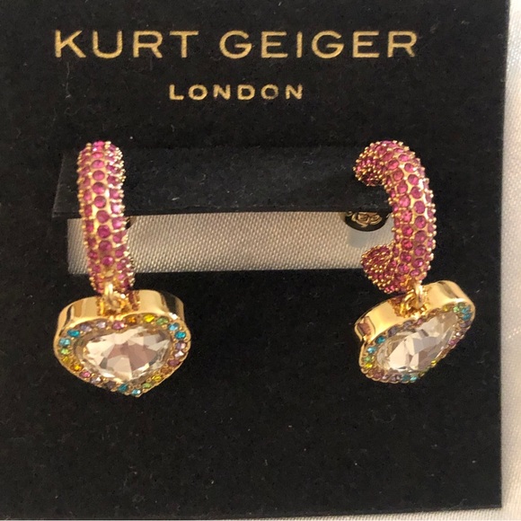 Kurt Geiger Gold Tone Pink Crystal Huggie Hoops With Heart Crystal Charm NWT - Picture 4 of 12